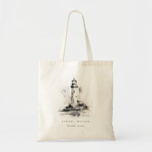 Black & White Lighthouse Nautical Sketch Wedding Tote Bag