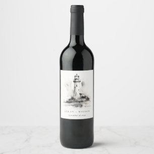 Black & White Lighthouse Nautical Sketch Wedding Wine Label