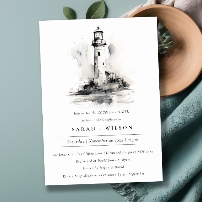 Black & White Lighthouse Sketch Couples Shower Invitation (Creator Uploaded)