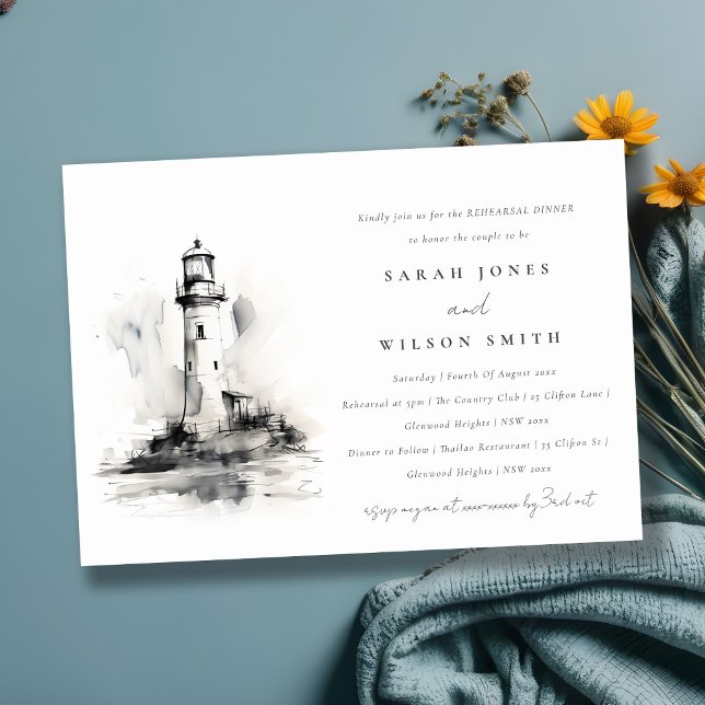 Black & White Lighthouse Sketch Rehearsal Dinner Invitation (Creator Uploaded)