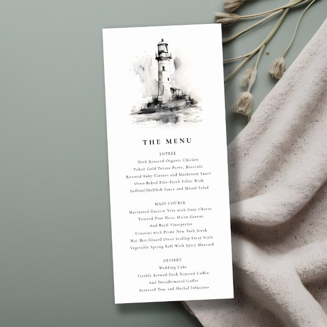 Black & White Lighthouse Sketch Wedding Menu Card (Creator Uploaded)