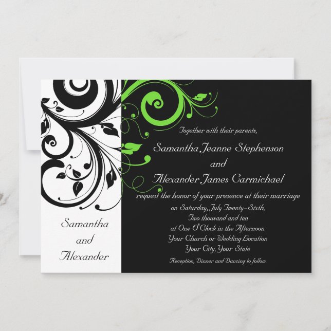 Black/White/Lime Green Bold Swirl Wedding Invitation (Front)