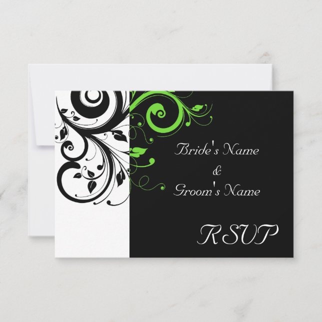 Black/White/Lime Green Bold Swirl Wedding RSVP Card (Front)