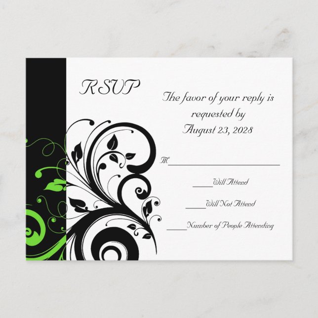 Black/White/Lime Green Bold Swirl Wedding RSVP Invitation Postcard (Front)