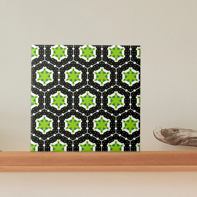 Black White & Lime Green Hexagon Geometric Pattern Ceramic Tile (Creator Uploaded)