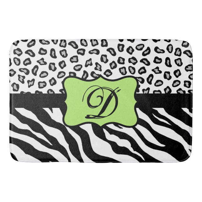 Black White Lime Green Zebra Leopard Skin Monogram Bath Mat (Front)