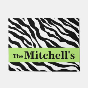 Black White Lime Green Zebra Skin Name Personalise Doormat
