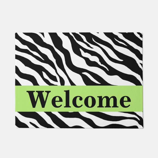 Black White Lime Green Zebra Skin Pattern Welcome Doormat (Front)