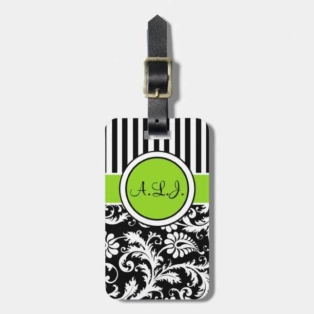 Black, White, Lime Striped Damask Luggage Tag (Front Vertical)