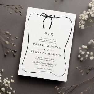 Black & White Line Art Bow Frame Monogram Wedding Invitation