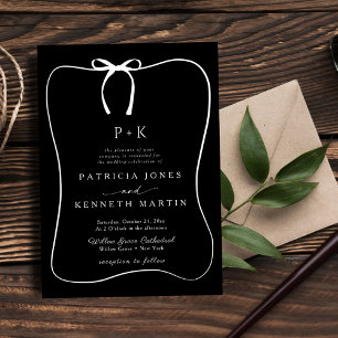 Black & White Line Art Bow Frame Monogram Wedding Invitation