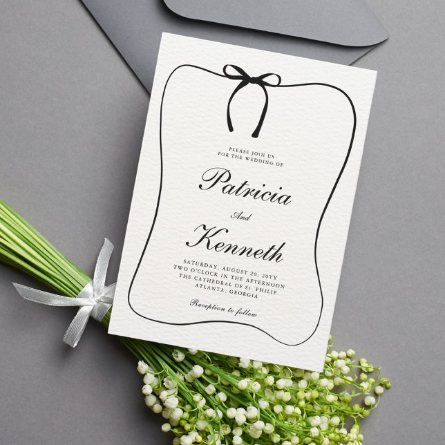 Black & White Line Art Bow Frame Textured Wedding Invitation (Creator Uploaded)