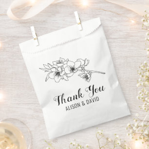 Black white line art branch with blossoms favour bag