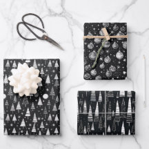 Black & White Line Art Christmas Trees & Ornaments
