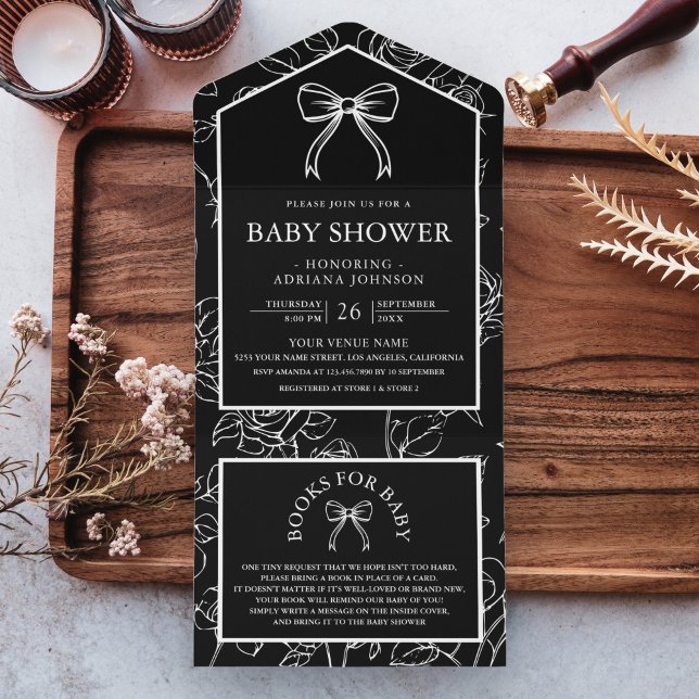 Black White Line Art Coquette Bow Baby Shower All In One Invitation (Creator Uploaded)
