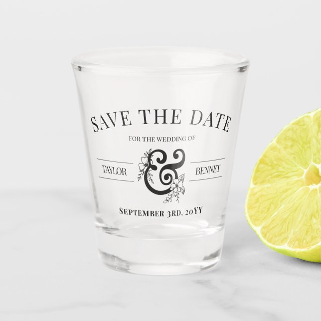 Black White Line Art Floral Ampersand No Photo Sav Shot Glass (Front)