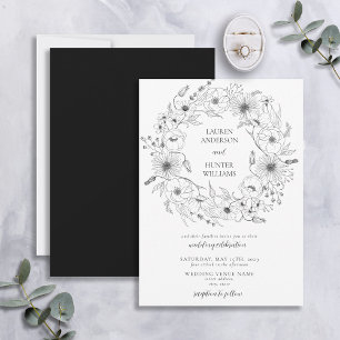 Black White Line Art Floral Wreath Wedding Invitation