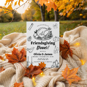 Black White Line Art Friendsgiving Invite