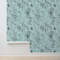 Black & White LIne Art Sea Life Pattern on Teal