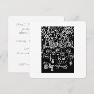 Black & White Line Art Whimsical Cats Xmas Invitation