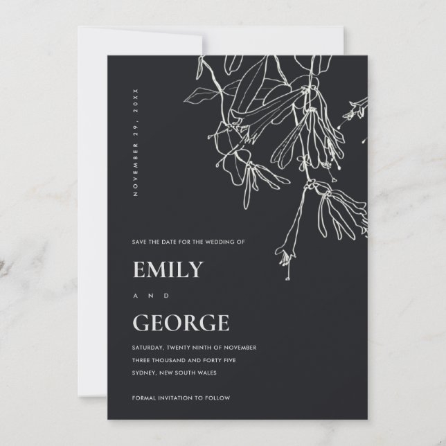 BLACK WHITE LINE DRAWING FLORAL SAVE THE DATE CARD (Front)
