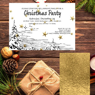 Black, White Line Drawing Snowy Scene Christmas Invitation