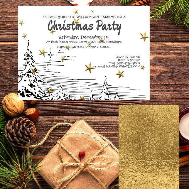 Black & White Line Drawing Snowy Scene Christmas Invitation (Creator Uploaded)