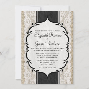 Black White Linen Burlap Lace Wedding Invitations
