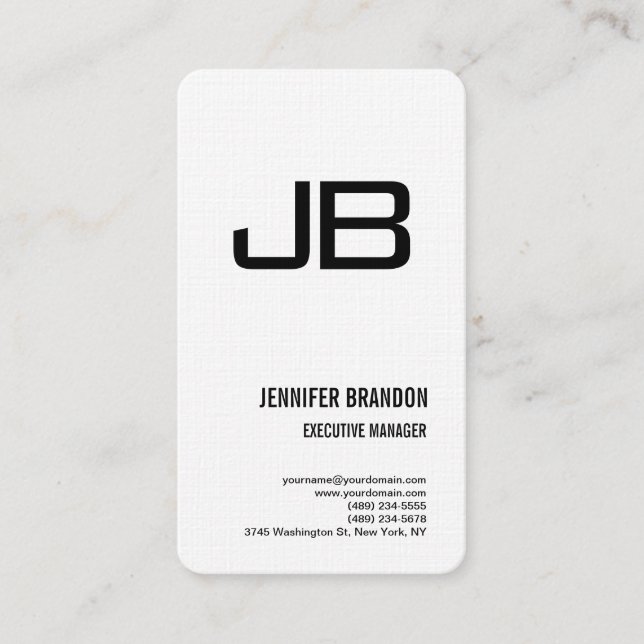 Black White Linen Monogram Minimalist Modern Plain Business Card (Front)