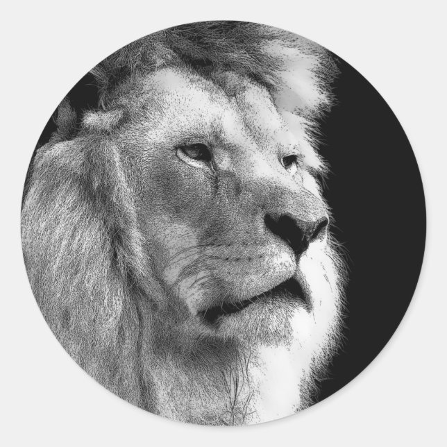 Black White Lion Classic Round Sticker (Front)