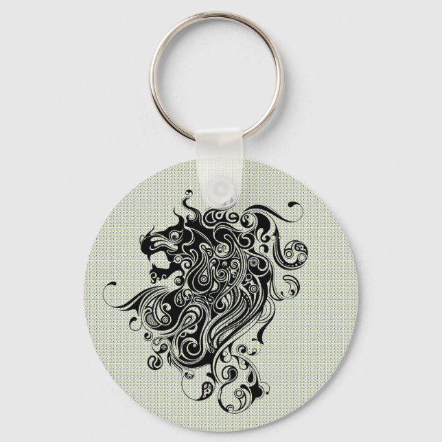 Black & White Lion Head-Tattoo Style Key Ring (Front)