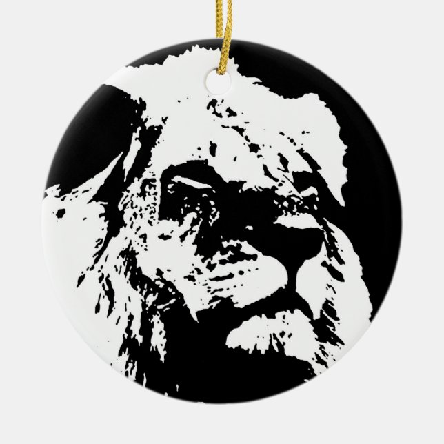 Black & white lion pop art ceramic ornament (Front)