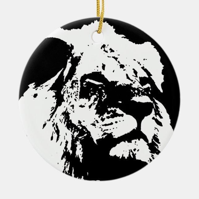 Black & white lion pop art ceramic ornament (Front)