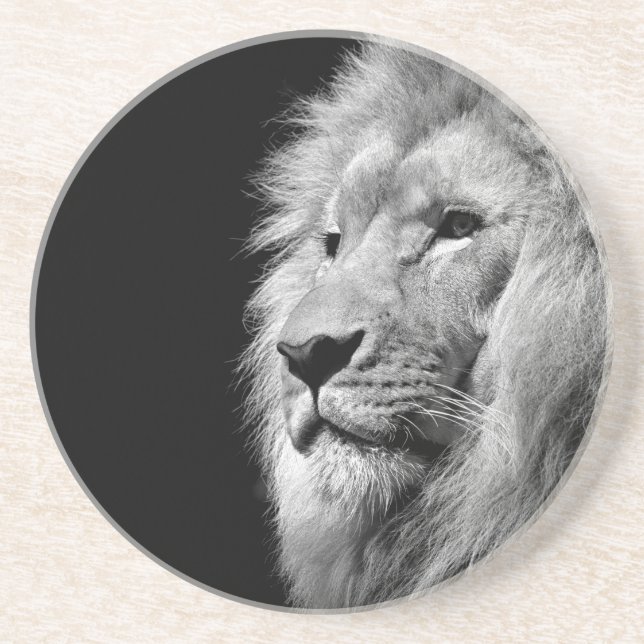 Black White Lion Portrait - Animal Photography Coaster (Front)