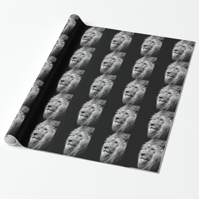 Black White Lion Portrait - Animal Photography Wrapping Paper (Unrolled)