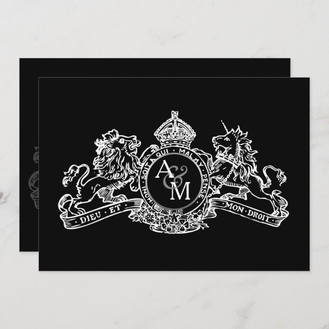 Black White Lion Unicorn Regal Emblem Wedding Invitation (Front/Back)