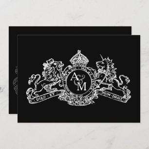 Black White Lion Unicorn Regal Emblem Wedding Invitation