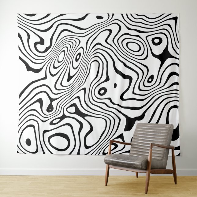 Black White liquid swirl Abstract Design Tapestry (In Situ (Horizontal))