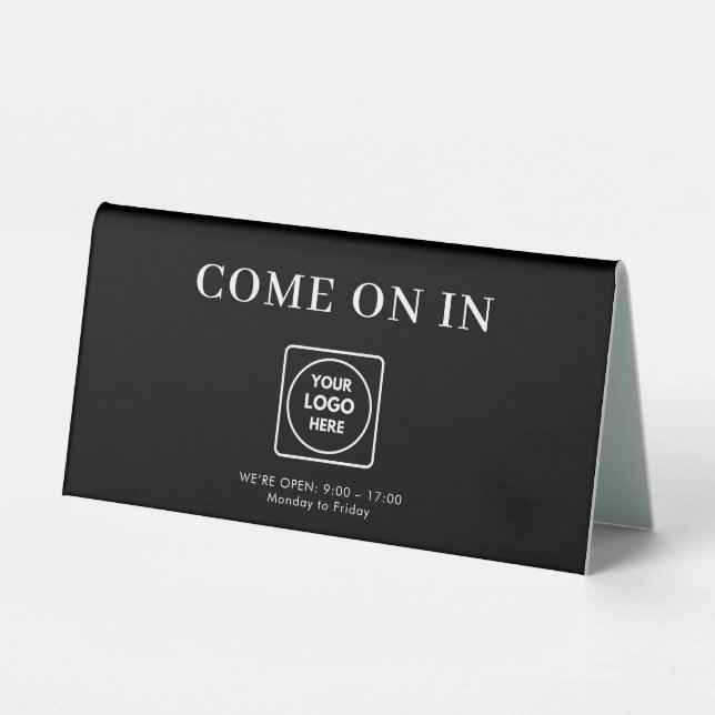 Black White Logo Open Closed Table Tent (Front)