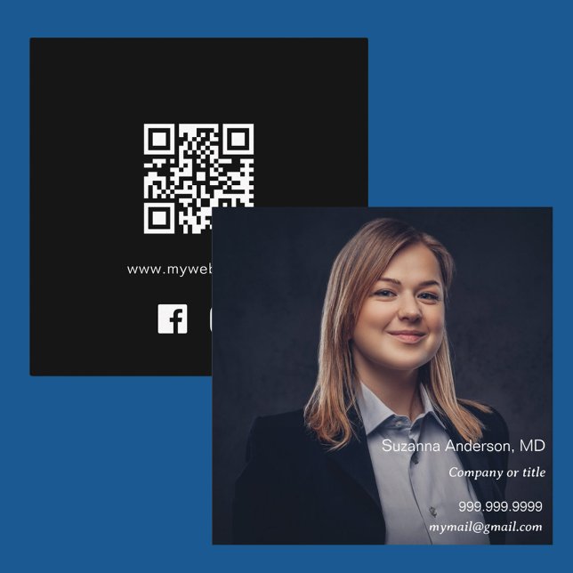Black white logo photo QR code social media icons Square Business Card (Creator Uploaded)