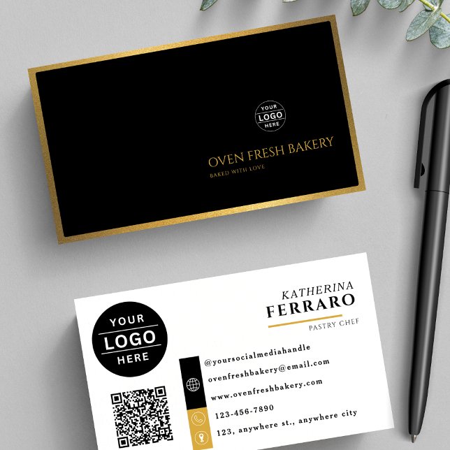 Black White Logo QR Code Gold Border Bakery  Business Card (Creator Uploaded)