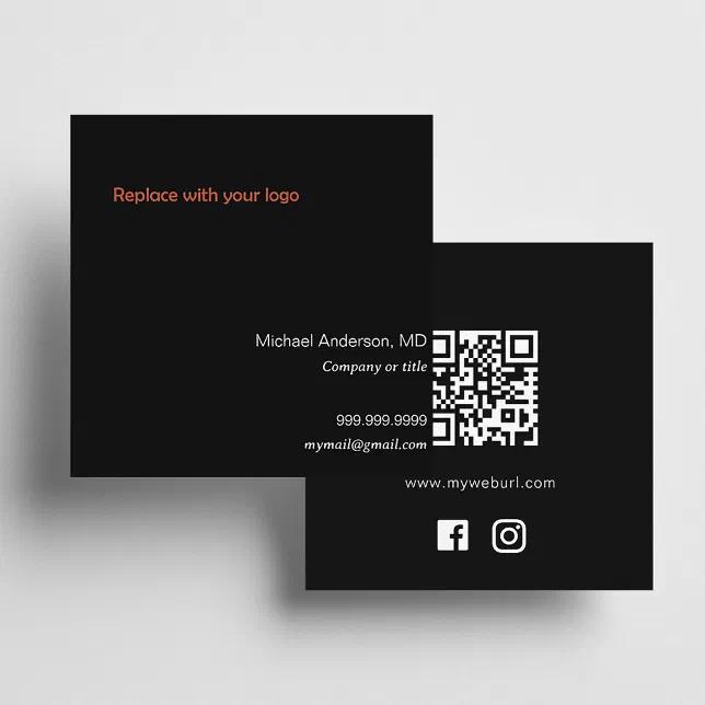 Black white logo QR code social media icons Square Business Card | Zazzle