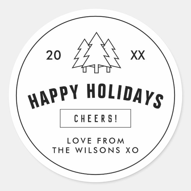 Black White Logo Style Modern Christmas Tree  Classic Round Sticker (Front)