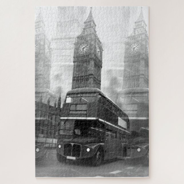 Black & White London Bus & Big Ben Jigsaw Puzzle (Vertical)