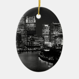 Black White London City Night UK Travel Ceramic Tree Decoration