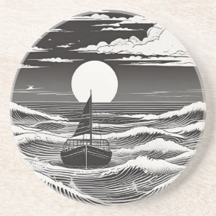 Black White Lonely Boat in Trouble at Sea Coaster