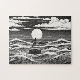 Black & White Lonely Boat on a Stormy Ocean Jigsaw Puzzle