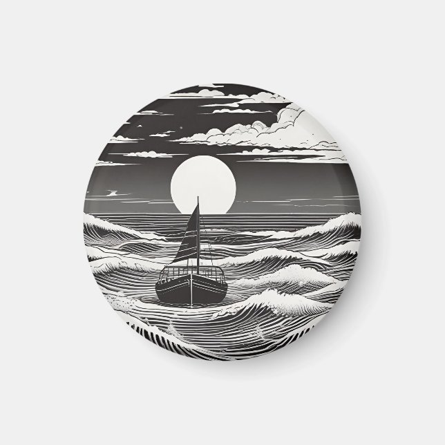 Black & White Lonely Boat on the Ocean Magnet (Front)