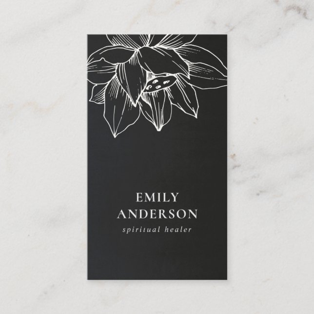 BLACK WHITE LOTUS SIMPLE REIKI SPIRITUAL HEALER BUSINESS CARD (Front)
