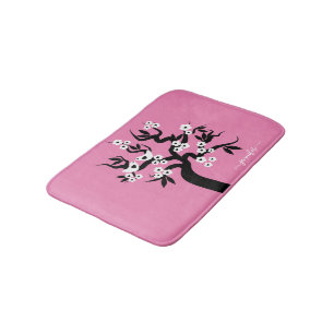 Black, white love birds cherry tree, blossoms pink bath mat